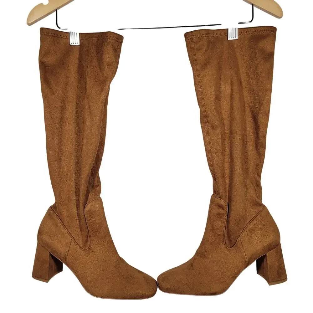 Nordstrom‎ Rack Tan Suede Square Toe Block Heel Knee High Boots Women Size 5